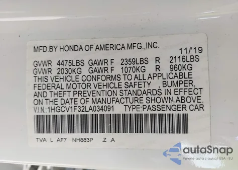 2020 Honda Accord Sport z USA, uszkodzony, nr VIN 1HGCV1F32LA034091